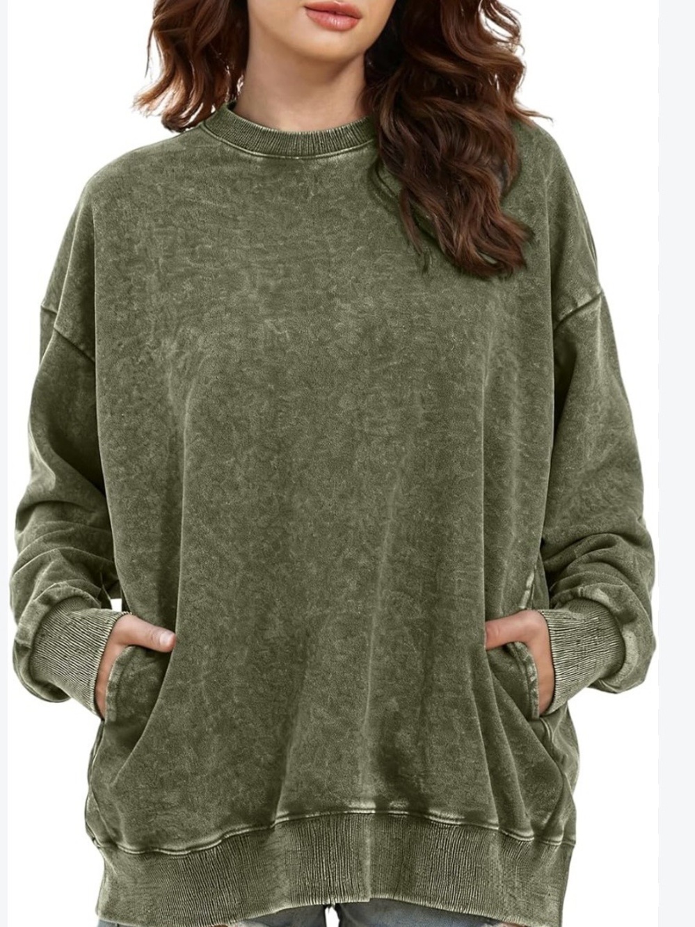 Zenana Olive Green Acid Wash Pullover Sweatshirt with pockets. Size S